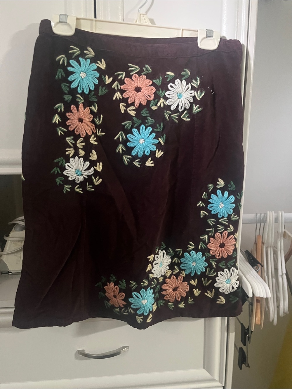 Embroidered Floral Velvet Skirt in Deep Plum